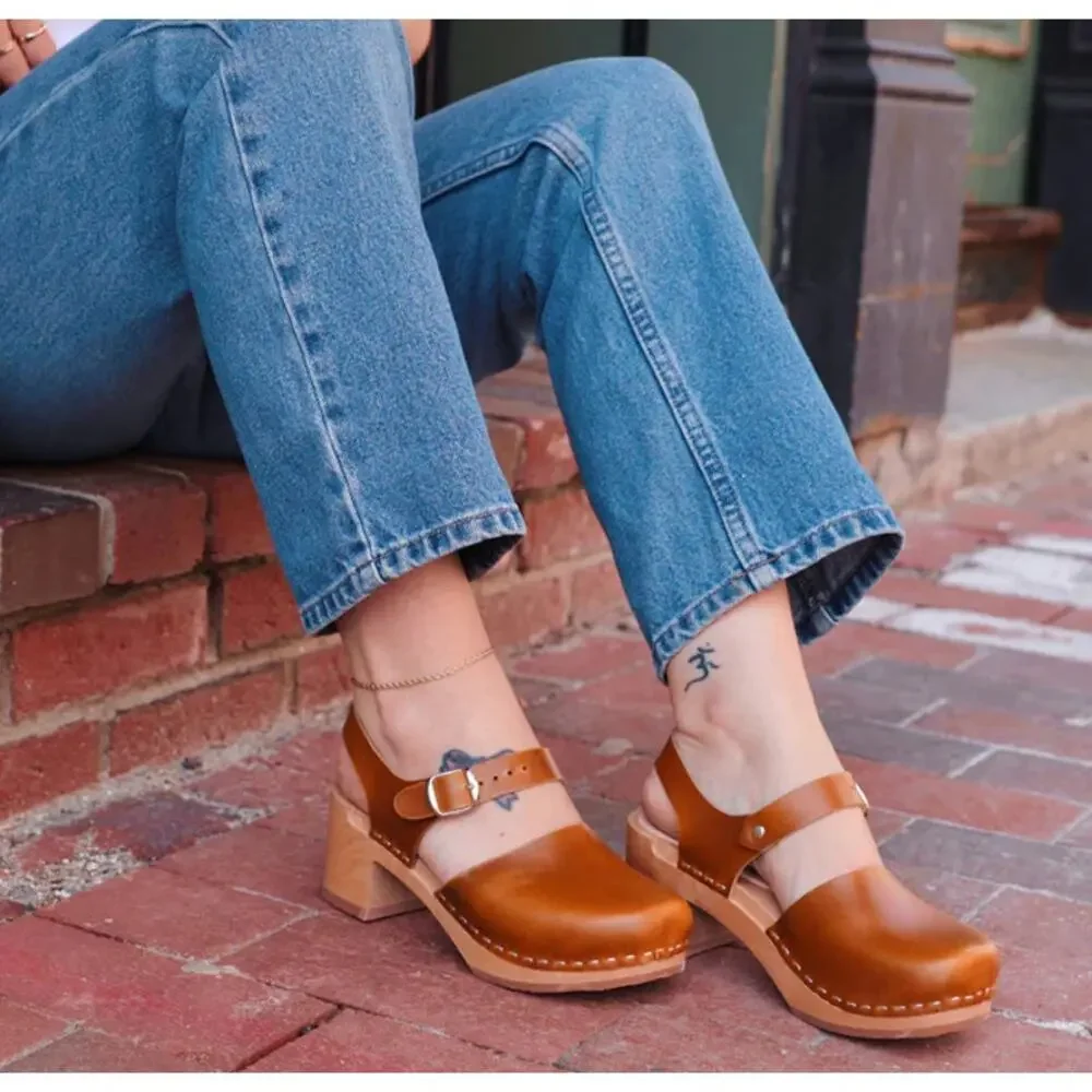 Kurier Charlie Mary Jane Clogs Leather High Heel Block Heel Wooden, Pecan Brown - Picture 2 of 14